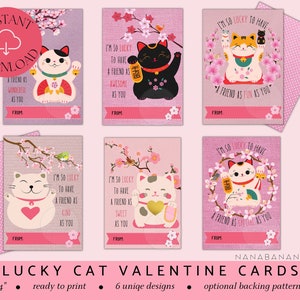 Druckbare Glückskatzenkarten, Valentinskarten, SOFORTIGER DOWNLOAD, Maneki Neko Karten, süße Katzenkarten, Kawaii Katzen Valentinstagskarten, Kawaii Karten