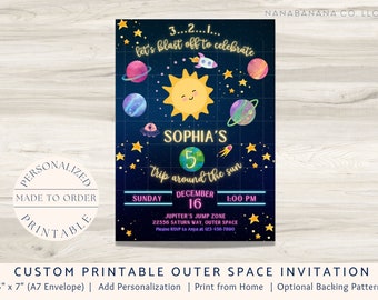 May include: A printable invitation for a 5th birthday party with an outer space theme. The invitation features a cartoon sun, planets, stars, and a rocket ship. The text on the invitation reads "Sophia's 5th trip around the sun" and includes the date, time, and location of the party.