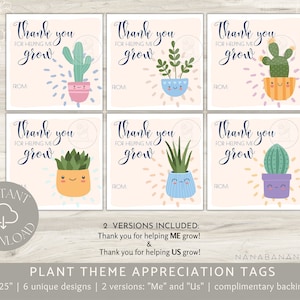 IMPRIMABLE Merci de m'avoir aidé / nous aider à grandir ! Mots clés, Appréciation du professeur, Fête des Mères, Plantes succulentes kawaii, Appréciation du personnel