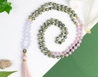 Nutrir / Mala Collar / 108 Cuentas / Piedras Preciosas / Jasper Dálmata / Jade de Malasia / Calcedonía