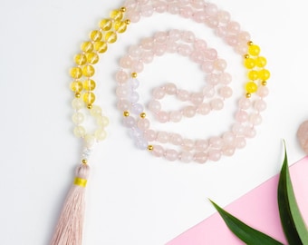 Collar mala de cuarzo rosa / Borla de citrino, jade y perlas blancas