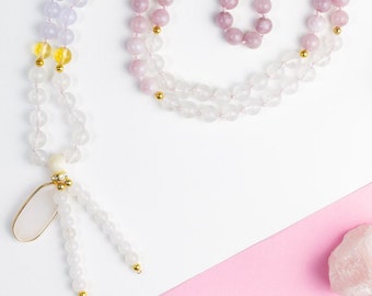 Collar Mala de 108 cuentas / Piedras preciosas de cuarzo rosa, jade y citrino