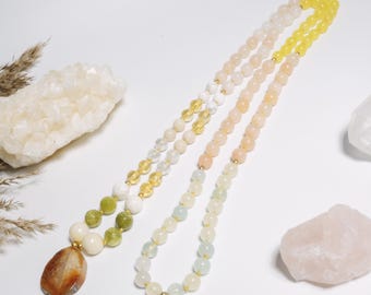 Collar mala de piedras preciosas anudado a mano: ágata, citrino, aventurina