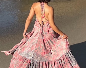 Hippie Bohemian Dress, Floral Boho Dress, Boho Maxi Dress, Summer Boho Long Dress, Beach Dress one size
