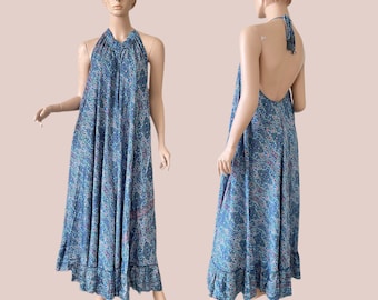Boho Maxi Dress, halter Maxi dress, beach dress, open back dress, easy fit dress, one-size