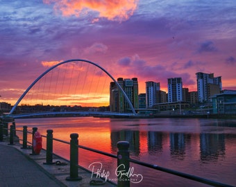 Millennium Bridge Sunrise Photo, Gateshead Photo, Photographic Print, Colourful Sunrise, Newcastle Art, Landscape Photography, Wall Print