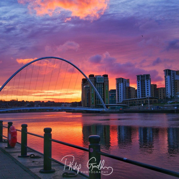 Millennium Bridge Sunrise Photo, Gateshead Photo, Photographic Print, Colourful Sunrise, Newcastle Art, Landscape Photography, Wall Print