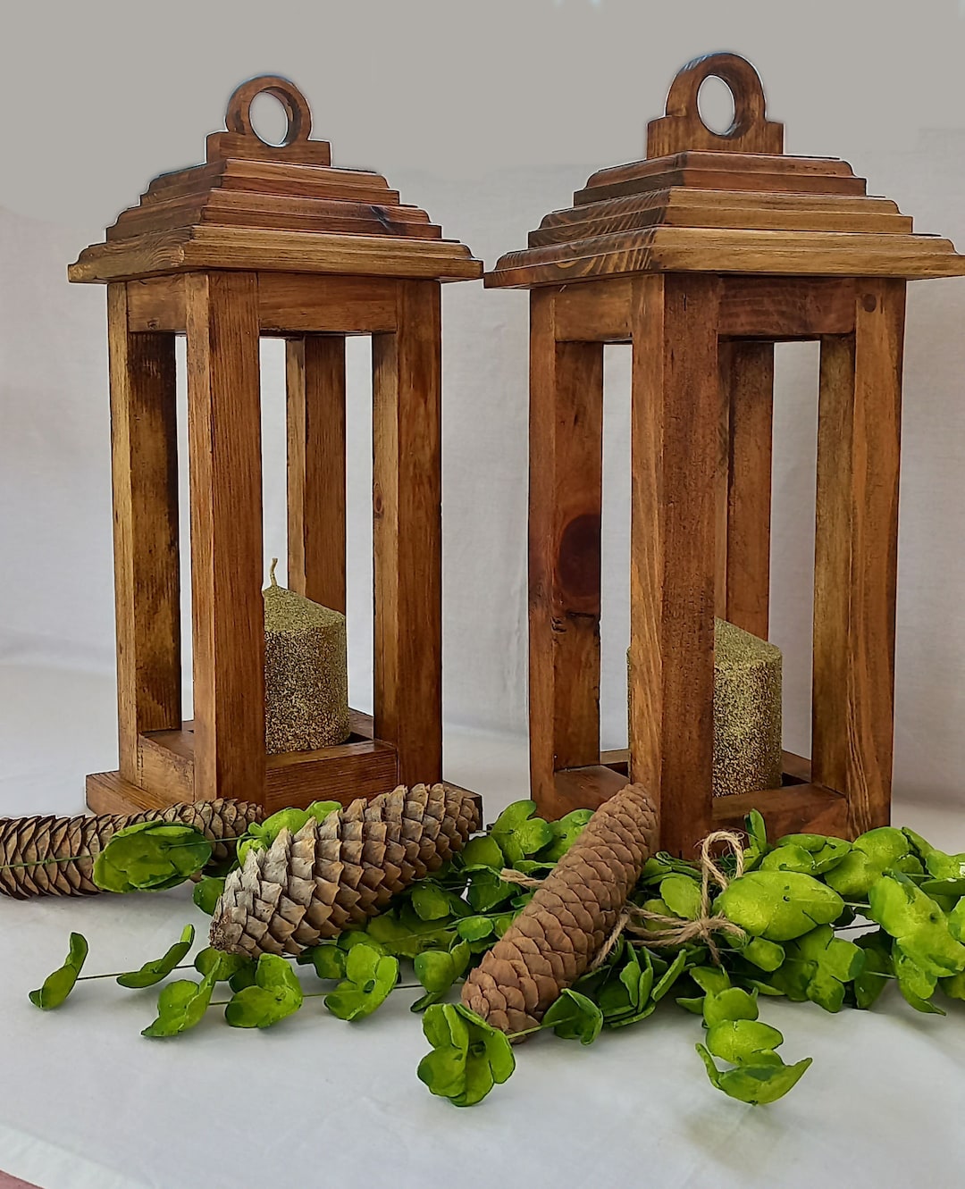 Set of Two Wooden Lantern, Candle Holder, Wedding Centerpiece