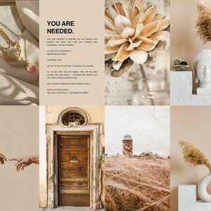 May include: A collage of images with a beige and brown color scheme. The images include a quote about being needed, a flower, a Buddha statue, a door, a lighthouse, and a vase with dried grass.