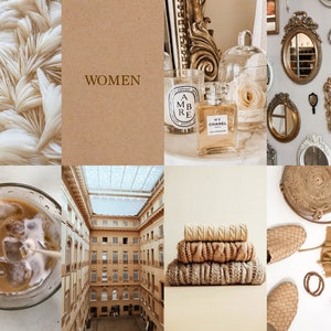 May include: A collage of images in a beige and brown color scheme. The images include a fluffy white texture, a brown paper card with the word "WOMEN" printed on it, a glass bottle of perfume, a candle, a stack of knitted sweaters, a cup of iced coffee, a wicker bag, and a wall with several ornate mirrors.