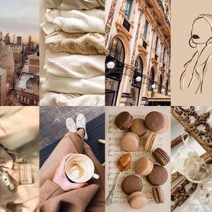 May include: A collage of images in beige and brown tones featuring a city skyline, knitwear, a building facade, a line drawing of a woman, a silk scarf, a cup of coffee, macarons on sheet music, and a lace bra on a gold frame.