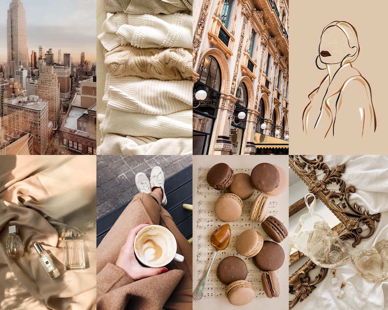 May include: A collage of images in beige and brown tones featuring a city skyline, knitwear, a building facade, a line drawing of a woman, a silk scarf, a cup of coffee, macarons on sheet music, and a lace bra on a gold frame.