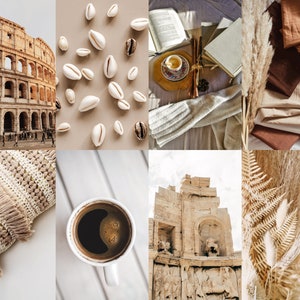 May include: A collage of images featuring a variety of textures and colors in a neutral palette. The images include a close-up of seashells, a cup of coffee, a crocheted pillow, a stack of books, a piece of clothing, a building with arches, and a bouquet of dried flowers.