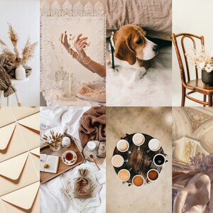 May include: A collage of images featuring a variety of home decor items, including a beige knitted throw blanket, a white ceramic vase with dried pampas grass, a wooden chair with a beige cushion, a set of brown ceramic mugs, and a beige and brown patterned envelope.