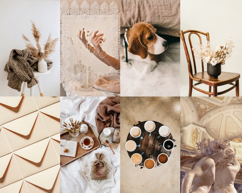 May include: A collage of images featuring a variety of home decor items, including a beige knitted throw blanket, a white ceramic vase with dried pampas grass, a wooden chair with a beige cushion, a set of brown ceramic mugs, and a beige and brown patterned envelope.