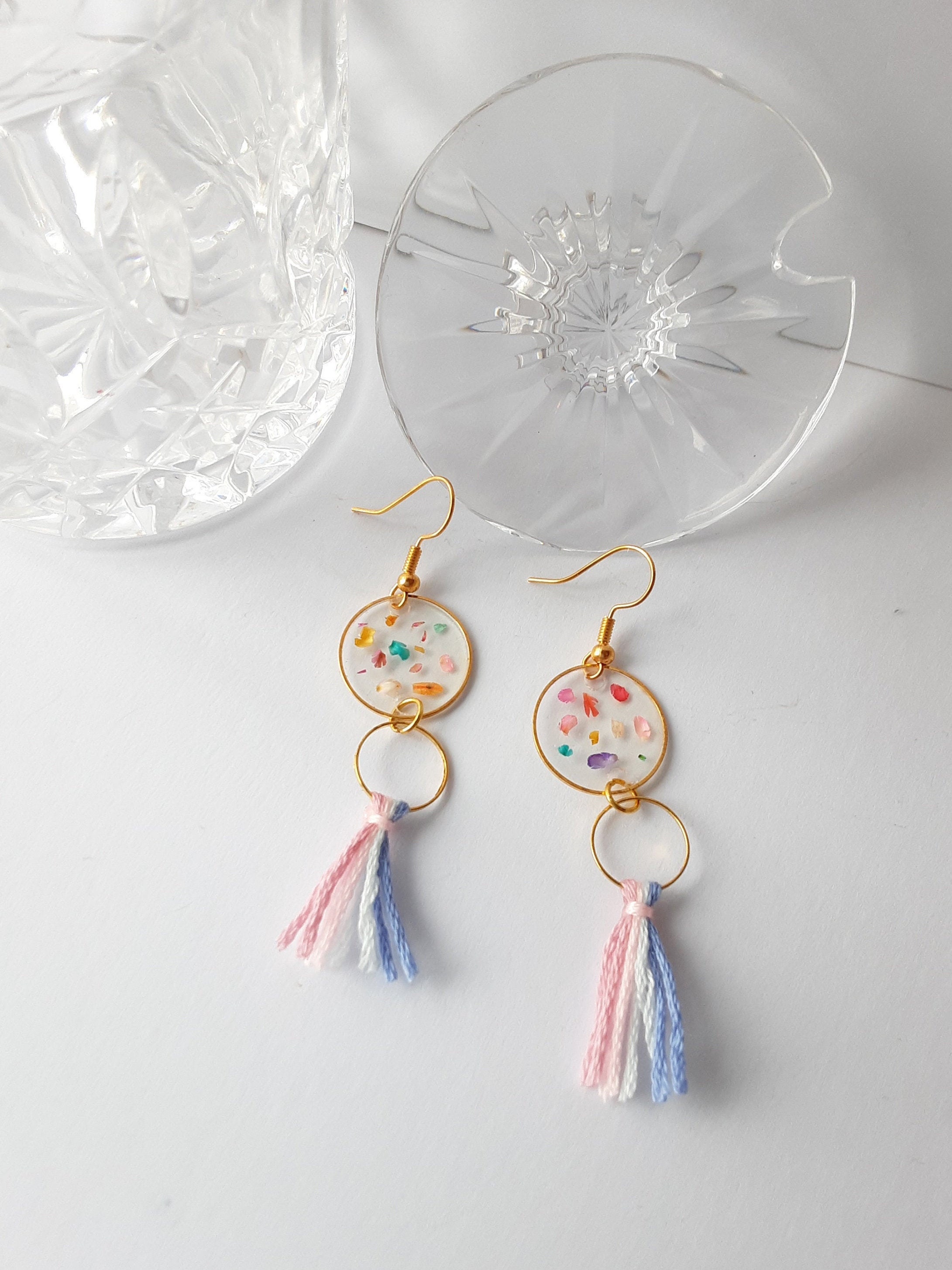 RAINBOW CONFETTI Handmade Resin Floral Tassle Earrings | Etsy