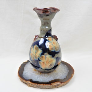 Signed Mary Humphrey Pottery 6.5&quot; Bud Vase Mottled Navy Blue And Tan