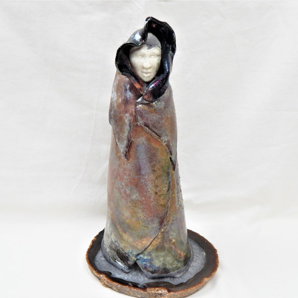 Raku Pottery Figural Man Sculpture  11" Tall Raku Figurine Japanese Style Pottery