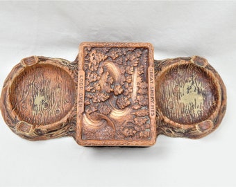 1955 Great Smoky Mountains Loop Over Souvenir Cigarette Box with Two Ashtrays Carved Wood Style Tobacco Box