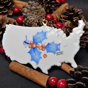 Signed Carolyn Shearer Hand Painted  in 2002 Porcelain United States Christmas Ornament &quot;God Bless America&quot;