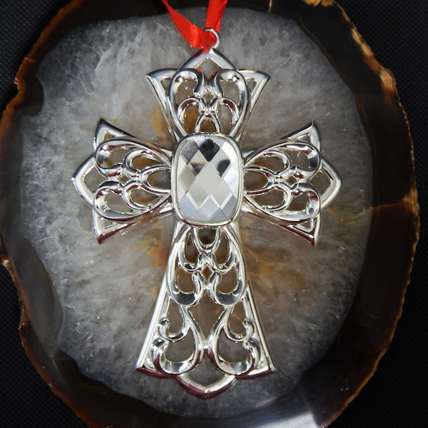 Lenox Bejeweled Cross Christmas Ornament in Box Silver Filigree Metal Ornament with Clear/White Rhinestone