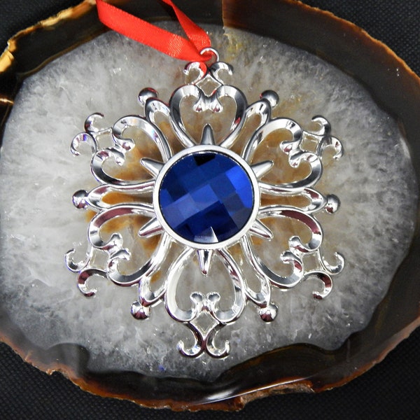 Lenox Bejeweled Snowflake Christmas Ornament in Box Silver Filigree Metal Ornament with Blue Rhinestone