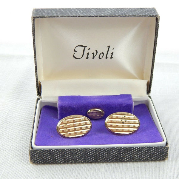 Vintage TIVOLI SWANK Diamond Cut Plaid Goldtone Cuff Links w/ Matching Tie Tack