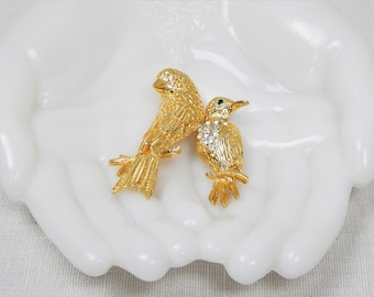 Set of 2 Unmarked Gold Tone Bird Brooches with Crystal Accents