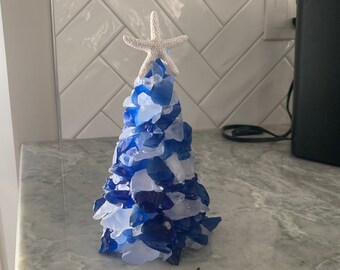Handmade Sea Glass Christmas Tree, Blue & White Coastal Decor (9 inch)