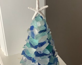 Sea Glass (9 inch) Christmas Tree in green, blue and white glass a one-of-a-kind, handmade, unique gift or coastal decor