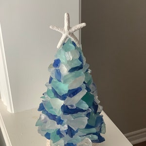 Sea Glass (9 inch) Christmas Tree in green, blue and white glass a one-of-a-kind, handmade, unique gift or coastal decor