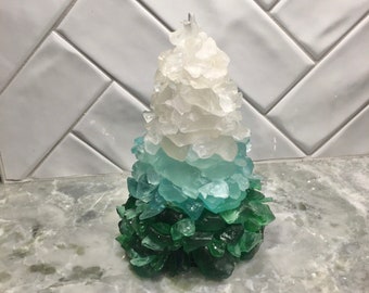 Handmade Sea Glass Christmas Tree, Green and White Ombre, 9 inch