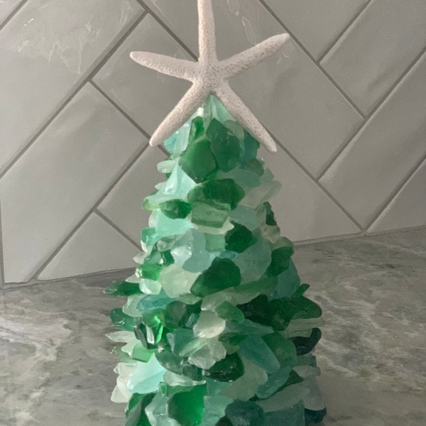Sea Glass (9 inch) Christmas Tree made with light and dark green & white glass a One-of-a-kind piece that makes a unique costal gift.