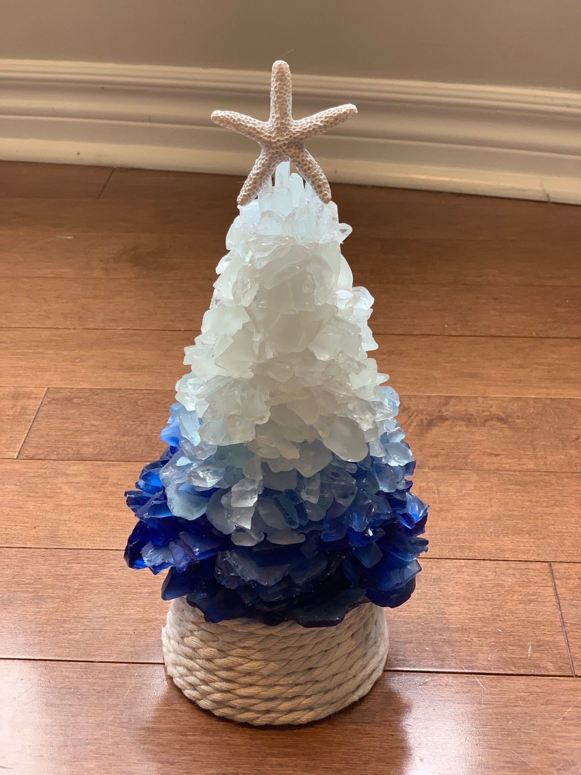 Sea Glass 9 inch Christmas Tree in blue and white ombre. One Etsy