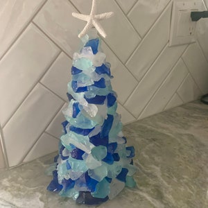 Sea Glass (12.5 inch) Christmas Tree made with aqua, blue & white glass a one-of-a-kind, unique gift or costal decor