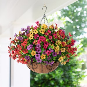 Artificial Faux Outdoor Hanging Flowers Plants Basket for Spring Summer Porch Decoration, Fake Silk Daisy UV Resistant Outside Patio Decor Mixed