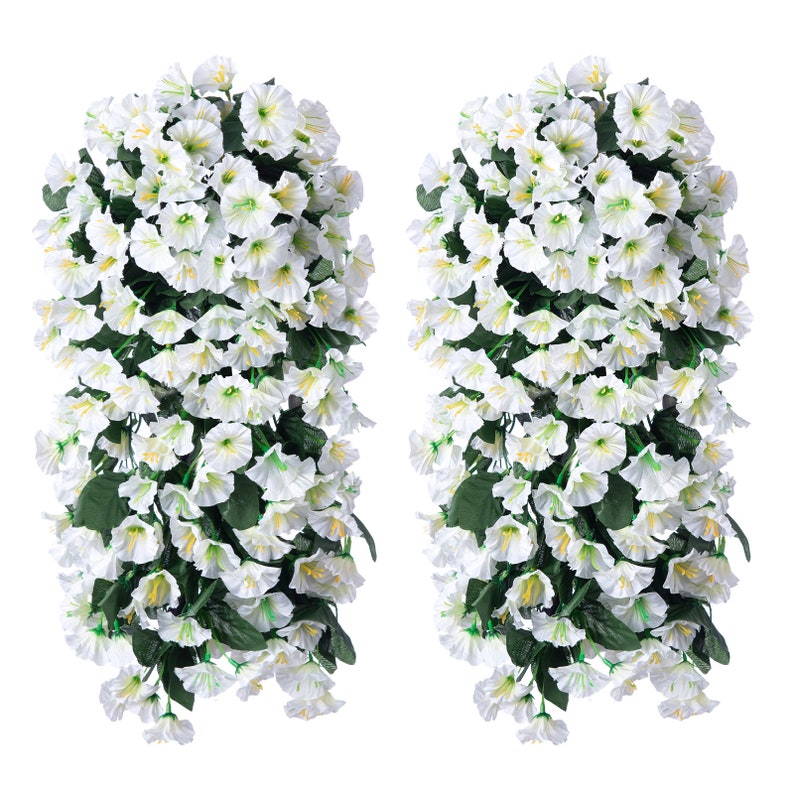 2PCS Artificial Faux Hanging Flowers Plants for Spring Summer Outdoor Porch Planter Decoration, Fake Silk Morning Glory Orchid UV Resistant White