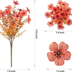 May include: An artificial orange flower bouquet measuring 35.05 cm in height and 20.07 cm in width, a top-down view of the flower cluster measuring 20.07 cm, and a single five-petaled flower measuring 3.56 cm in diameter.