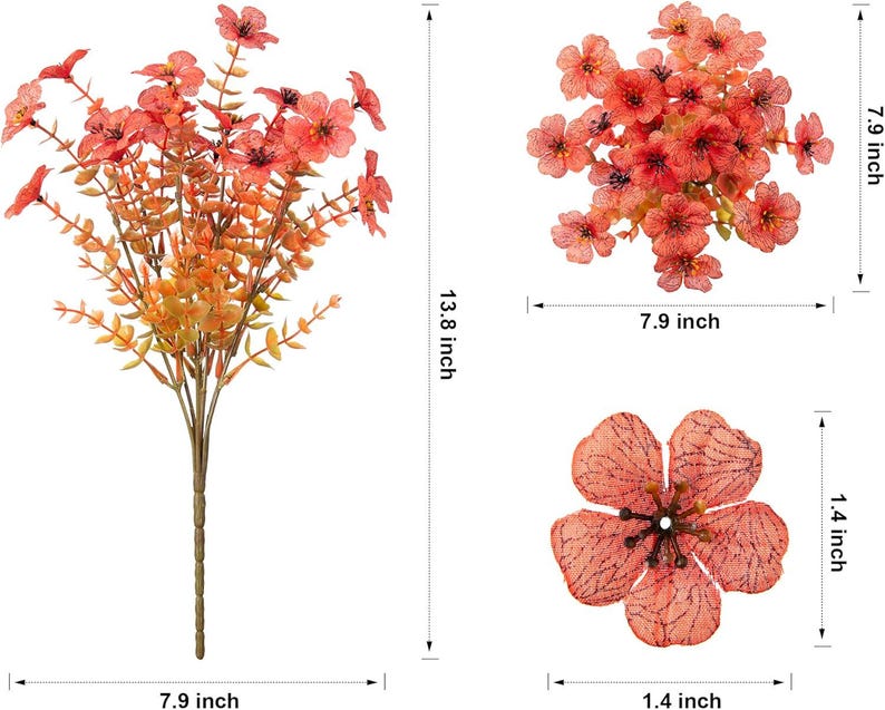 May include: An artificial orange flower bouquet measuring 35.05 cm in height and 20.07 cm in width, a top-down view of the flower cluster measuring 20.07 cm, and a single five-petaled flower measuring 3.56 cm in diameter.