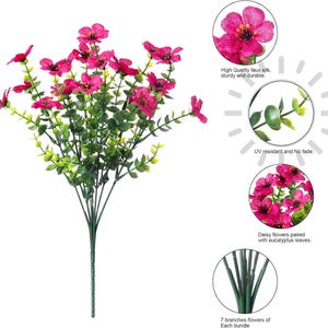 May include: A bouquet of artificial magenta daisy flowers with green eucalyptus leaves on a single stem. The image includes circular insets with text: High Quality faux silk, sturdy and durable; UV resistant and No fade; Daisy flowers paired with eucalyptus leaves; 7 branches of Each bundle.