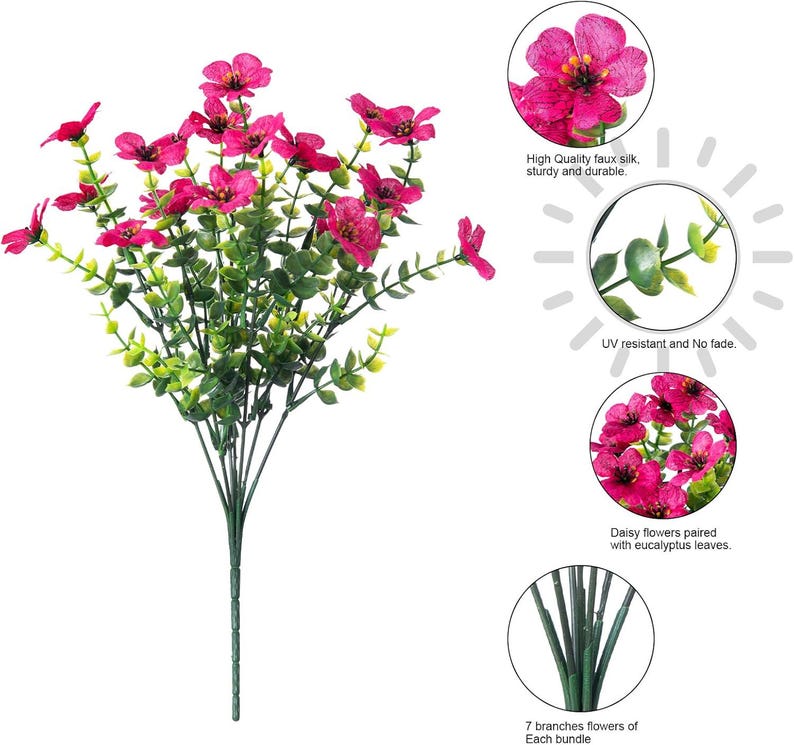 May include: A bouquet of artificial magenta daisy flowers with green eucalyptus leaves on a single stem. The image includes circular insets with text: High Quality faux silk, sturdy and durable; UV resistant and No fade; Daisy flowers paired with eucalyptus leaves; 7 branches of Each bundle.