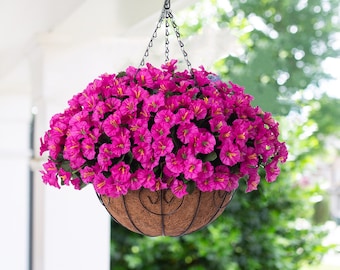 Artificial Faux Hanging Outdoor Flowers Plants Basket for Spring Porch Decoration,  Fake Silk Morning Glory UV Resistant Outside Patio Decor