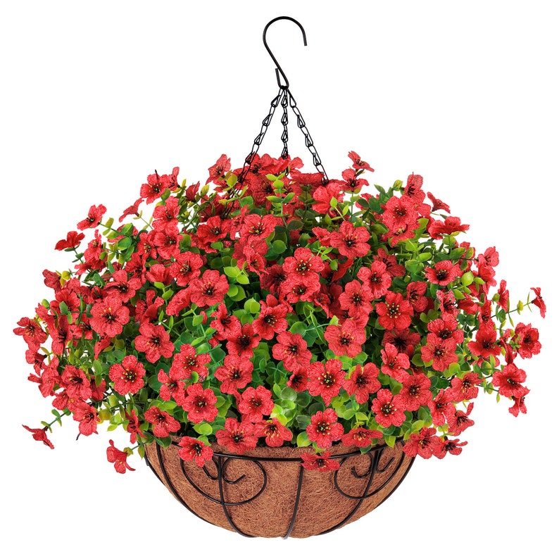 Artificial Faux Outdoor Hanging Flowers Plants Basket for Spring Summer Porch Decoration, Fake Silk Daisy UV Resistant Outside Patio Decor Red