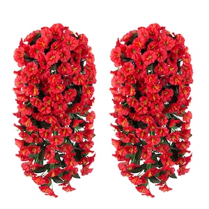 2PCS Artificial Faux Hanging Flowers Plants for Spring Summer Outdoor Porch Planter Decoration, Fake Silk Morning Glory Orchid UV Resistant Red