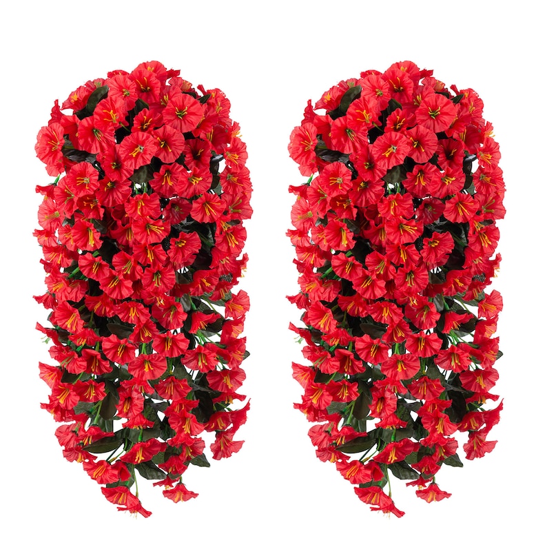 2PCS Artificial Faux Hanging Flowers Plants for Spring Summer Outdoor Porch Planter Decoration, Fake Silk Morning Glory Orchid UV Resistant Red