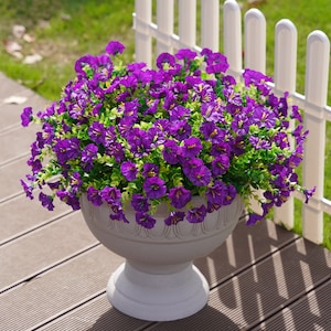 Artificial Faux Outdoor Plant Flower Spring Summer Porch Decoration, 12 Bundles Fake Silk Morning Glory UV Resistant for Outside Planter Pot Purple