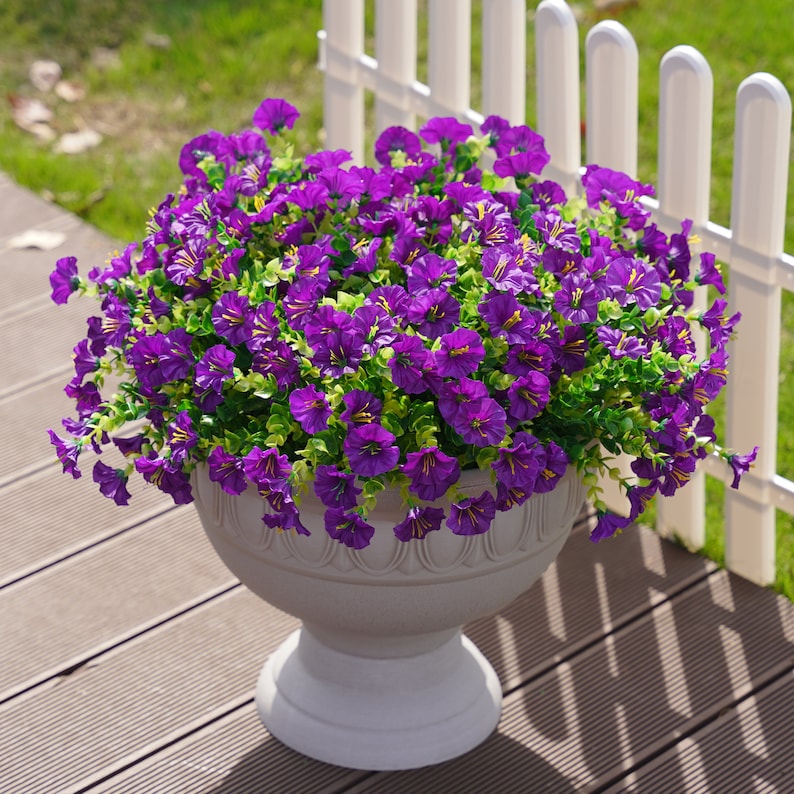 Artificial Faux Outdoor Plant Flower Spring Summer Porch Decoration, 12 Bundles Fake Silk Morning Glory UV Resistant for Outside Planter Pot Purple