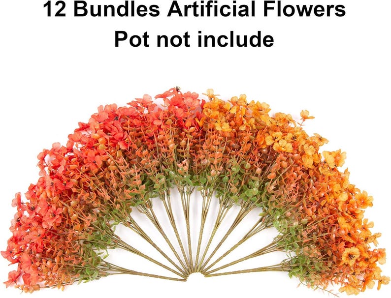 May include: Twelve bundles of artificial flowers arranged in a fan shape. The flowers feature a gradient of colours ranging from deep orange and red on the left to bright yellow and gold on the right. Text above reads: 12 Bundles Artificial Flowers, Pot not include.