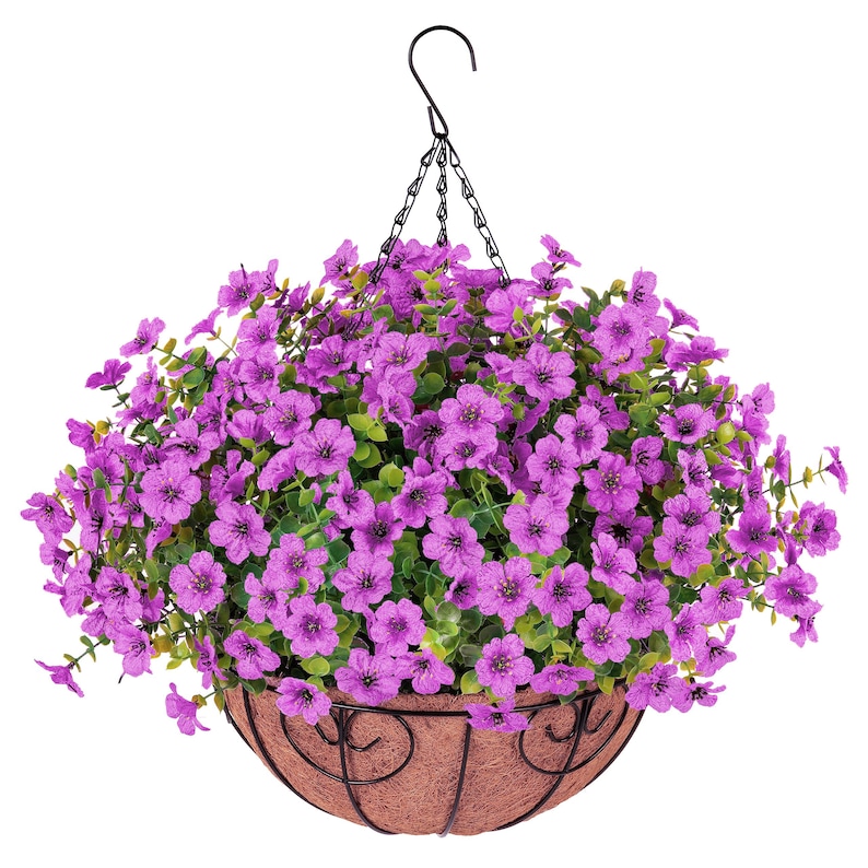 Artificial Faux Outdoor Hanging Flowers Plants Basket for Spring Summer Porch Decoration, Fake Silk Daisy UV Resistant Outside Patio Decor Purple