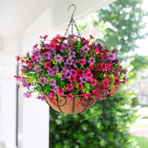 Artificial Faux Outdoor Hanging Flowers Plants Basket for Spring Summer Porch Decoration, Fake Silk Daisy UV Resistant Outside Patio Decor PurpleHotpink